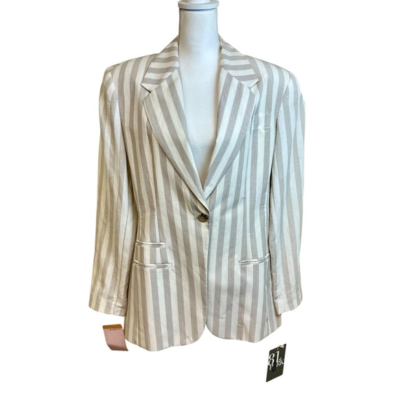 81st & Park‎ Linen Ivory Tan Striped Women's Blazer Sz L New Office Casual Work - Picture 1 of 15
